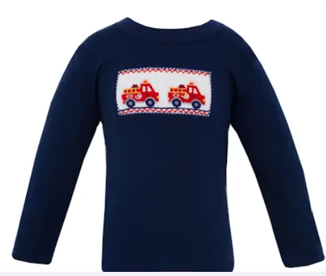 Firetrucks Smocked Long Sleeve Tee