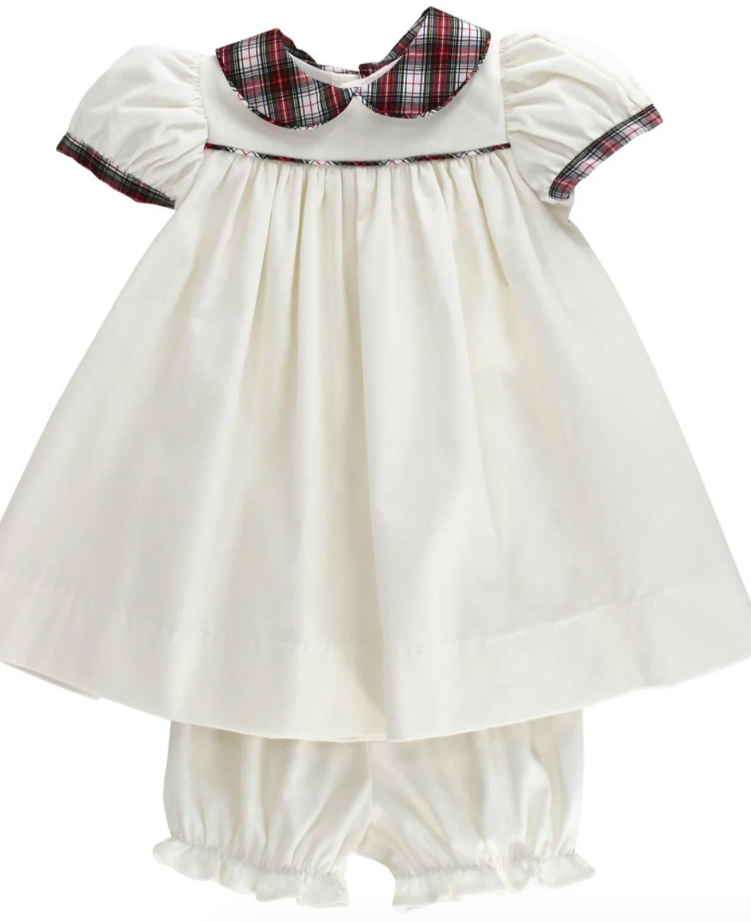 White Corduroy Dress w/Yuletide Plaid with Bloomer