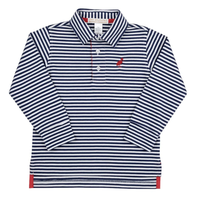 Prim And Proper Polo LS-Pima in Nantucket Navy Stripe/Richmond Red