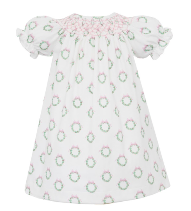 Pink Wreath Smocked Bishop Dress