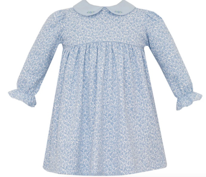Blue Floral Peter Pan  Embroidered Collared Dress