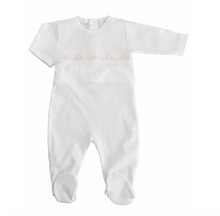 White and Pink Smocked Footie with Picot Edge