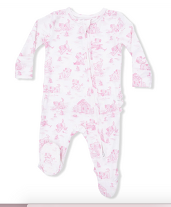 Puppy Toile Ruffle Back Footie with 2 Way Zipper