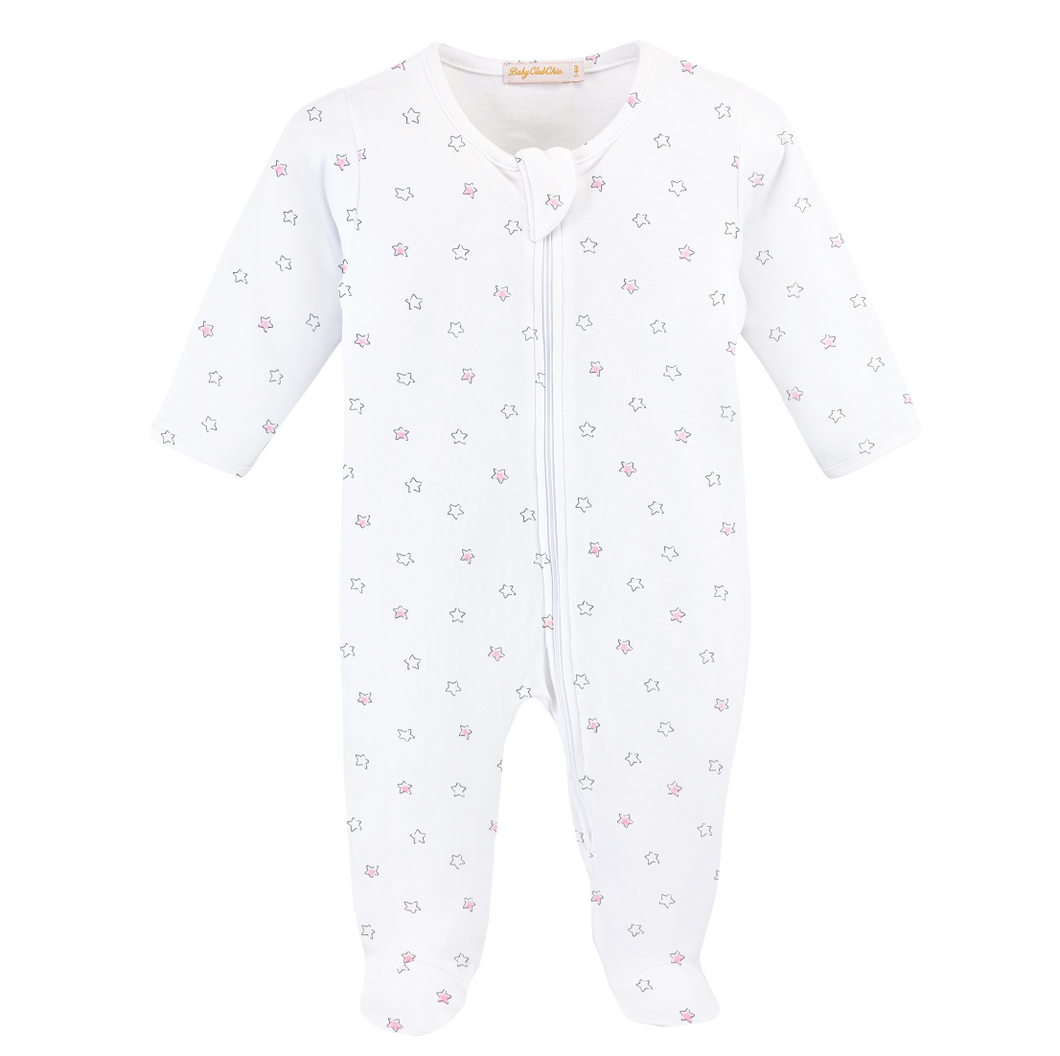 Pink Little Stars Printed Zipped Footie