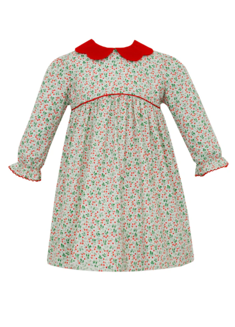 Holly Berries Print Dress W/ Red Scalloped Collar L/S