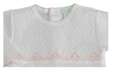 White and Pink Smocked Footie with Picot Edge