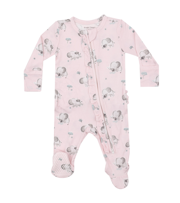 Gray Elephants - Pink 2 Way Ruffle Zipper Footie