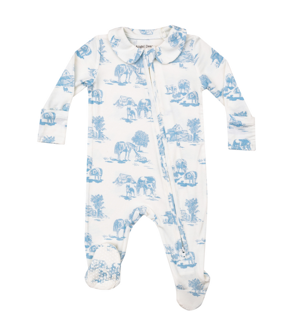 Farm Toile Blue Peter Pan - 2 Way Zipper Footie