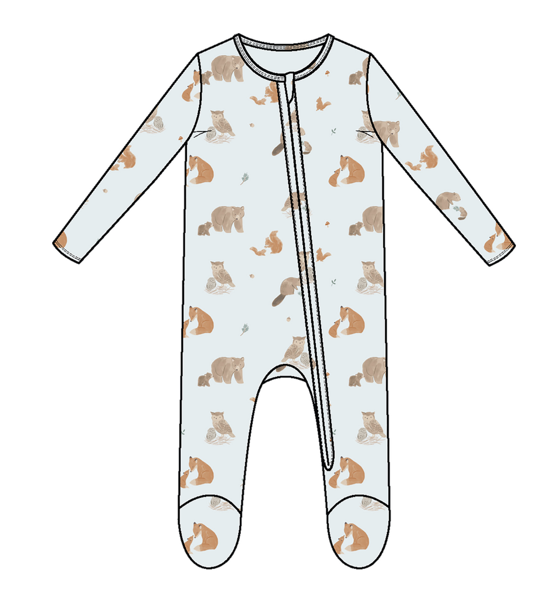 Mixed Woodland Animals Blue - 2 Way Zipper Footie