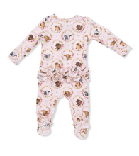 Farm Animals with Floral Cameos Ruffle Back Footie with 2 Way Zipper