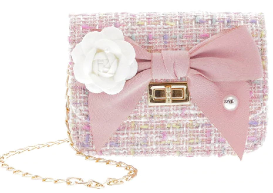 Pink Floral Large Bow Tweed Purse