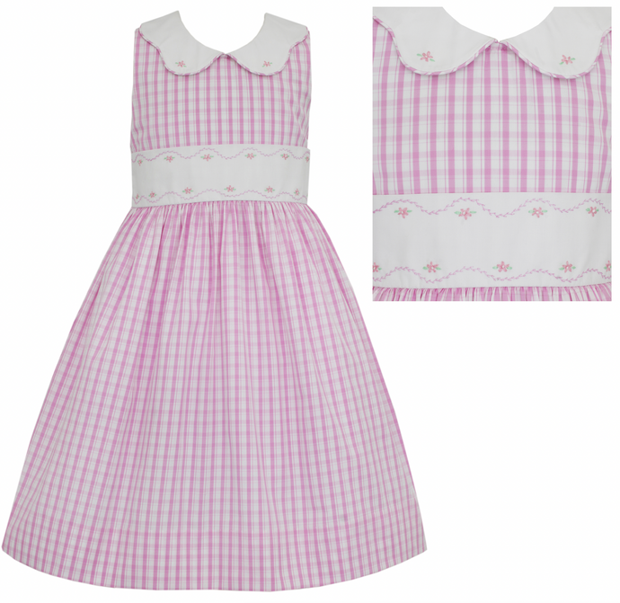 Sleeveless Dress with Embroidered Sash and Collar in Pink Check