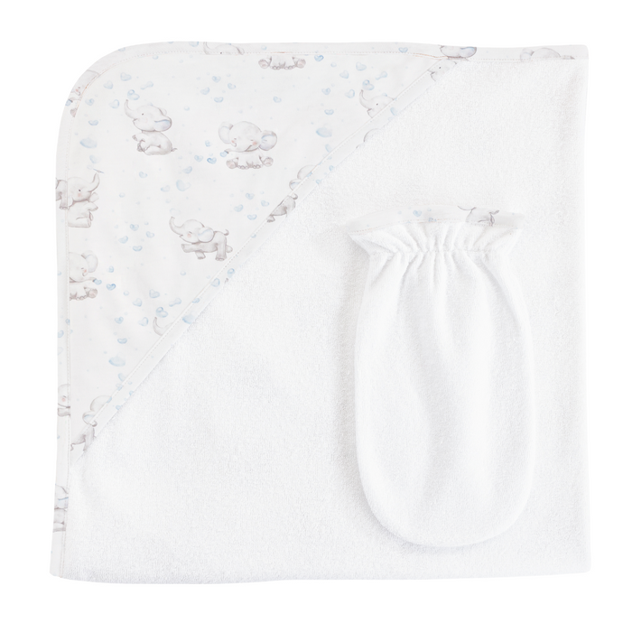 Bubbly Elephant Blue Hooded Towel With Mitt Set 31'x28'' in