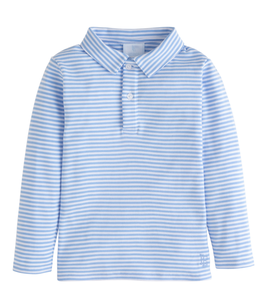 Long Sleeve Striped Polo- Light Blue