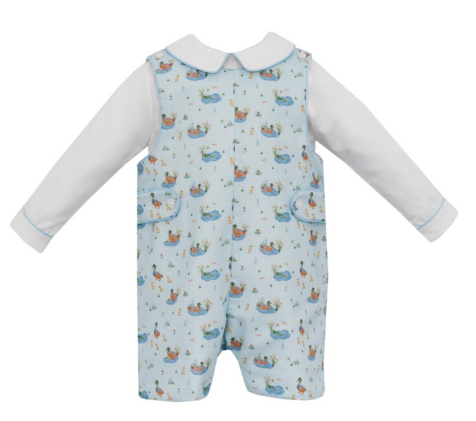 Adrienne Exclusive Fabric Boy's Short Jon Jon with Long Sleeves Shirt In Baby Mallard Ducks Print