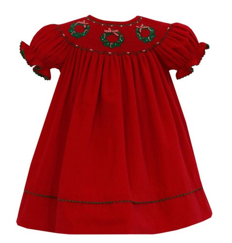 Wreath Bishop Red Corduroy Girl's Dress Short Sleeve