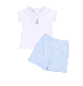 Tiny Sailboat Embroidered Collared Short Set Light Blue
