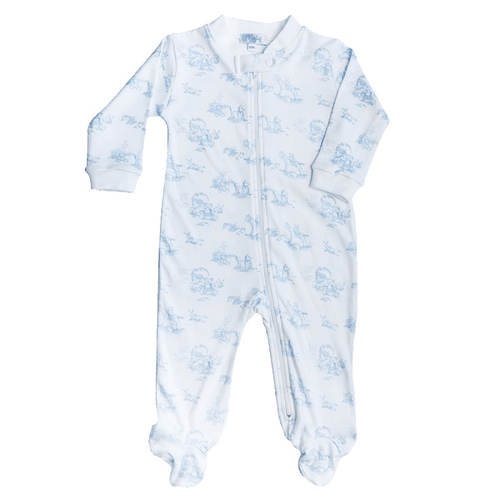 Blue Toile Zipper Footie