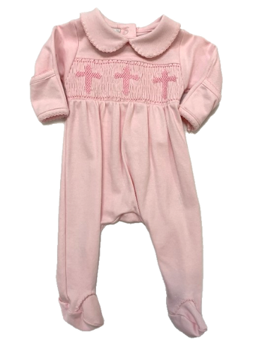 Pink Footie with Cross Smocking